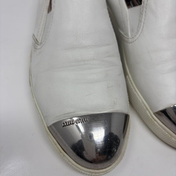Miu Miu Metal Cap Toe Slip-On Sneakers Womens 38 1/2 - 8.5 US White Leather - Picture 3 of 13